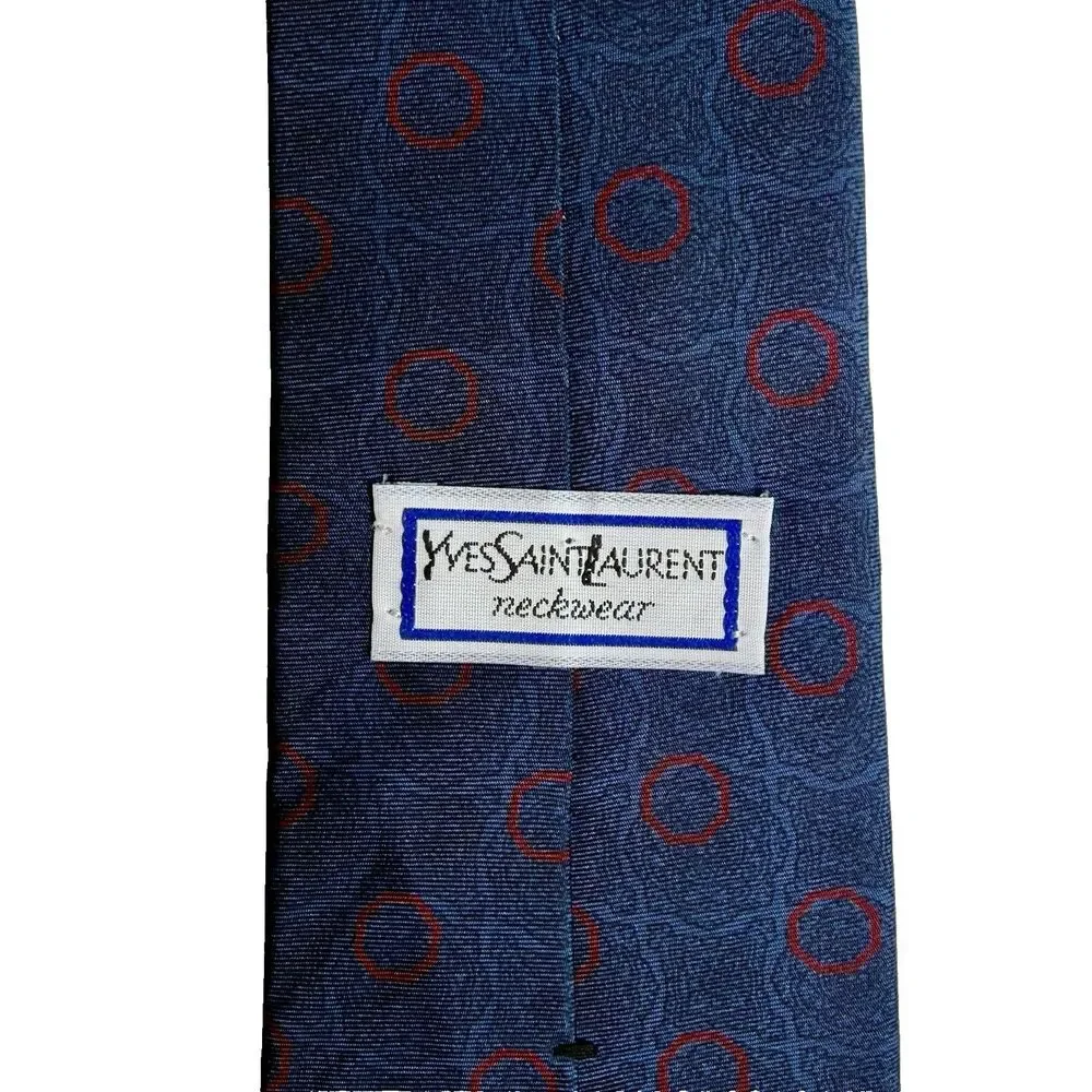 YVES SAINT LAURENT Men's Silk Tie -Dark Blue w/Red Circles Geometric 54.5